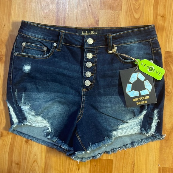 Repreve Pants - NWT Repreve Dark Distressed Denim High-rise Shorts, Sz. 13